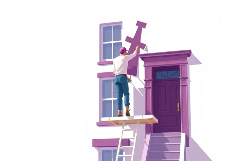 Peintre sur échafaudage traitant la façade d'une maison